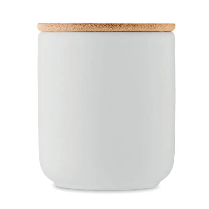 Canistră albă din ceramică cu capac din bambus deschis pentru lumanare de ceară pe bază de plante 200 gr