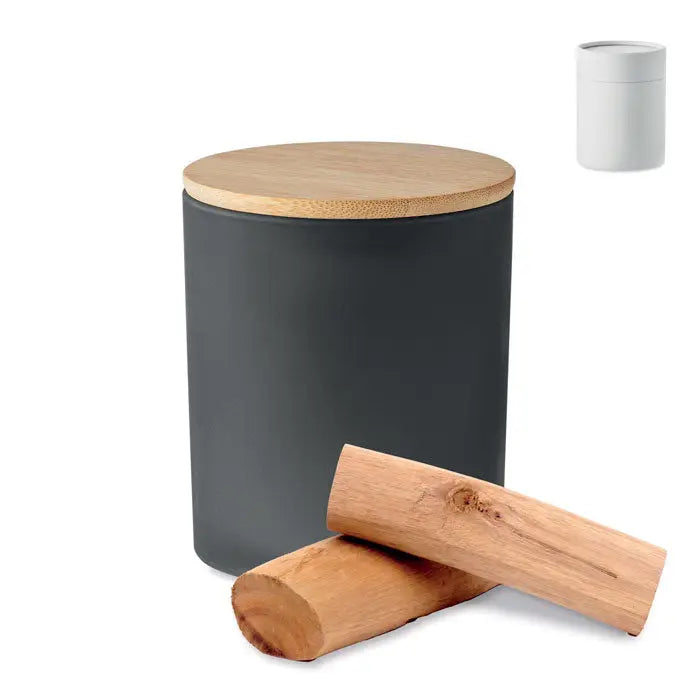 Canistra ceramica mata gri inchis cu capac din lemn natural pentru lumanare de ceara pe baza de plante 200 gr