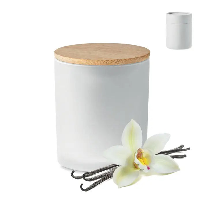 Canistră albă din ceramică cu capac din bambus pentru lumânare de ceară pe bază de plante 200 gr