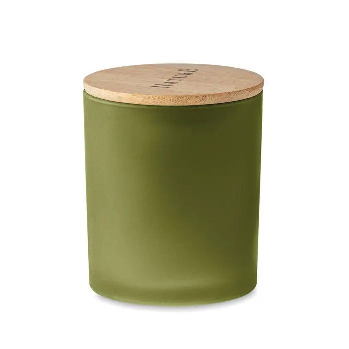 Lumanare de ceara pe baza de plante 200 gr in borcan din sticla mata verde maslina cu capac din bambus natural gravat nature