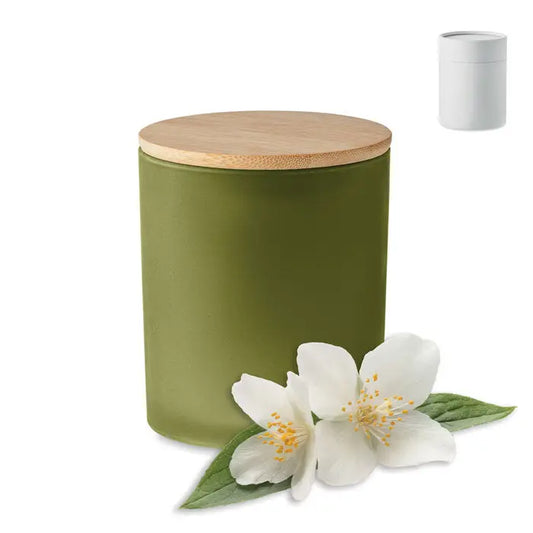 Olivar verde mat ceramic jar with natural bamboo lid for 200 gr plant-based wax candle lumanare de ceara pe baza de plante