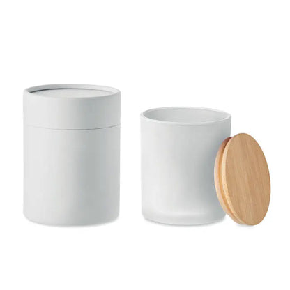 Lumanare de ceara pe baza de plante 200 gr in borcan ceramic alb mat cu capac din lemn natural