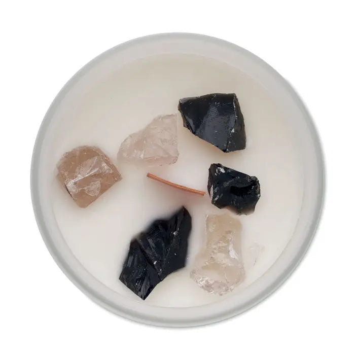 Lumanare de ceara alba pe baza de plante de 200 gr cu cristale negre si transparente incorporate