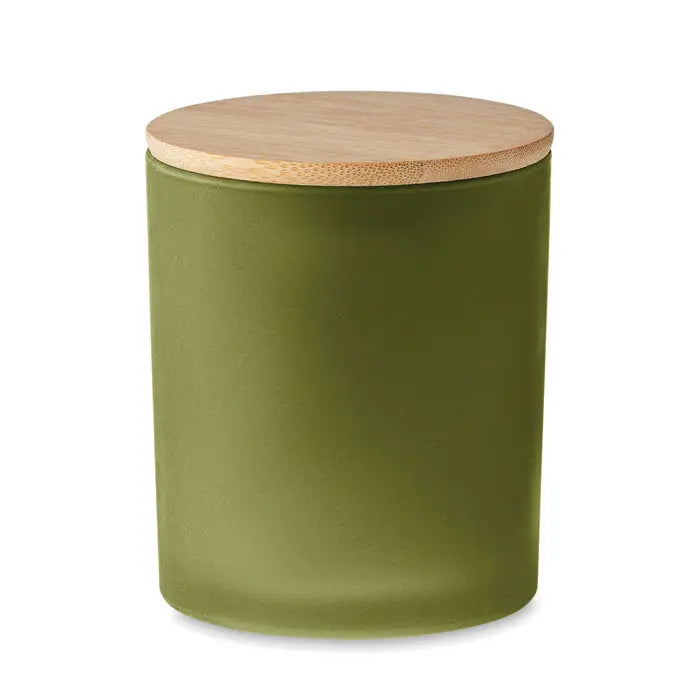 Lumanare de ceara pe baza de plante 280 gr in borcan verde masliniu din sticla mata cu capac din lemn deschis