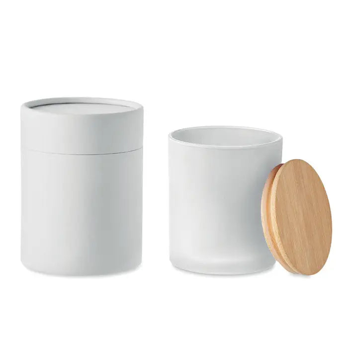 Lumanare de ceara pe baza de plante 280 gr in borcan din sticla mata alba cu capac din lemn natural