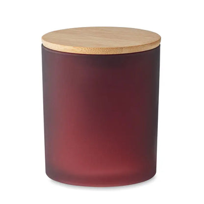 Lumanare de ceara pe baza de plante 280 gr in borcan mat burgundy cu capac de lemn deschis la culoare