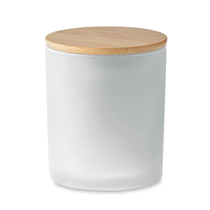 Lumanare de ceara pe baza de plante 280 gr in borcan mat de sticla alba cu capac natural din bambus