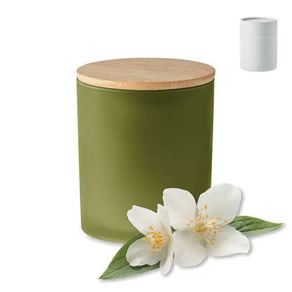 Lumanare de ceara pe baza de plante 280 gr in borcan ceramic mat olive cu capac din bambus natural