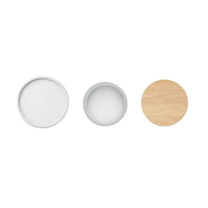 Lumanare de ceara pe baza de plante 280 gr in recipient ceramic alb cu capac si suport din lemn natural