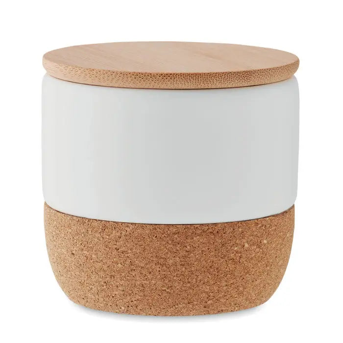 Lumanare de ceara pe baza de plante 80 gr in borcan ceramic alb cu capac din bambus si baza din plută