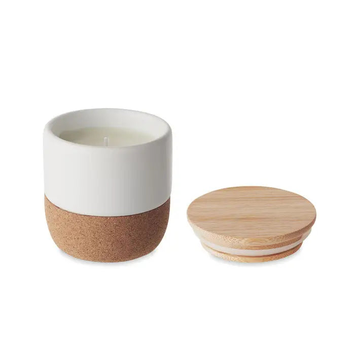 Lumanare de ceara pe baza de plante 80 gr in borcan ceramic alb cu baza de pluta si capac din bambus