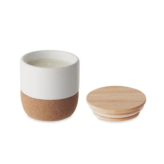 Lumanare de ceara pe baza de plante 80 gr in borcan ceramic alb cu baza de pluta si capac din bambus