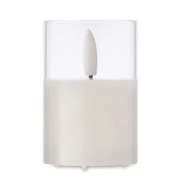 Lumanare led de ceara alba cu capac din sticla transparenta si baza din plastic mat