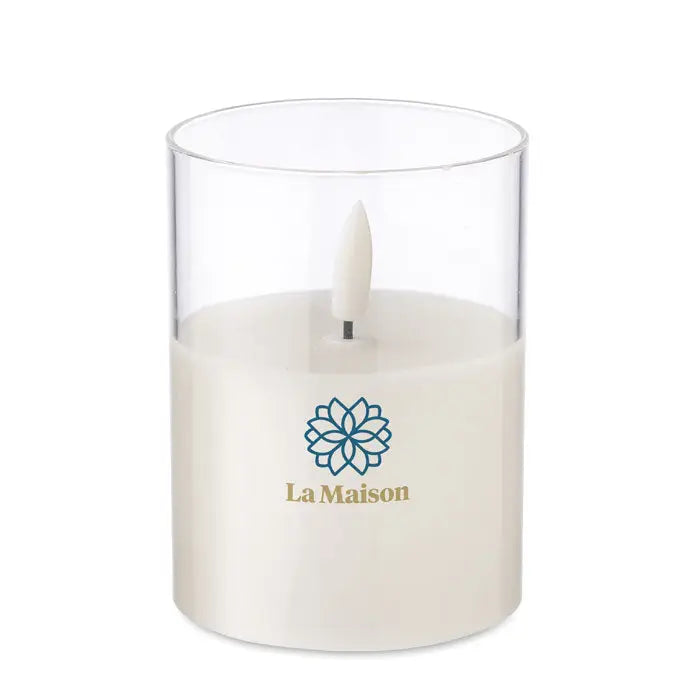 Lumanare led de ceara alba in suport de sticla transparent cu logo floral albastru la maison