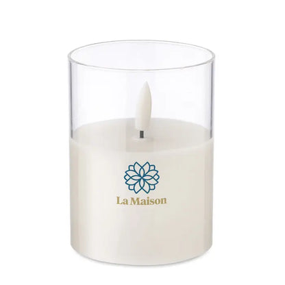Lumanare led de ceara alba in suport de sticla transparent cu logo floral albastru la maison