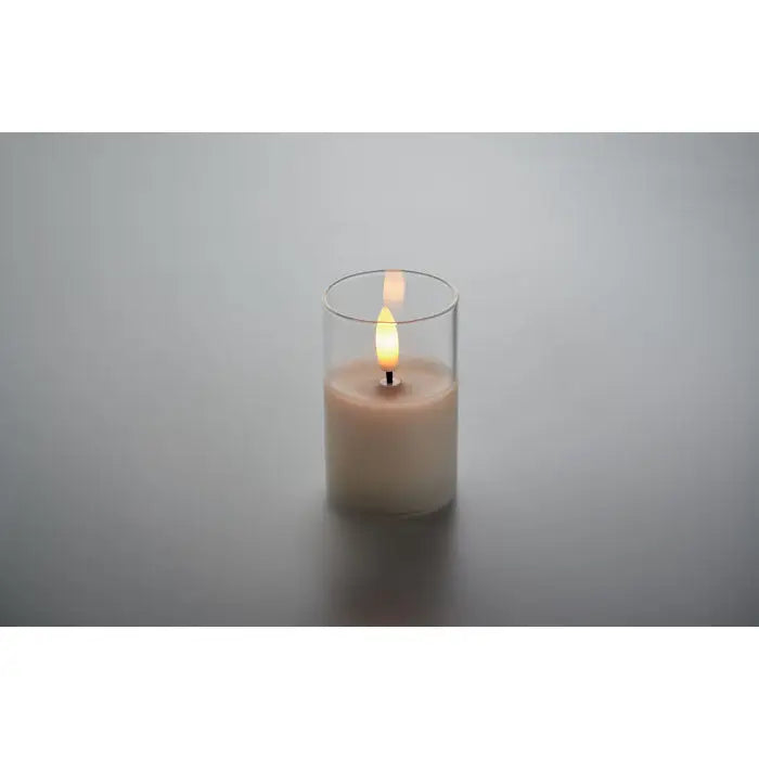 Lumanare led de ceara aprinsa de culoare off-white in suport transparent de sticla
