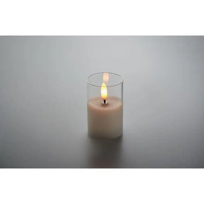 Lumanare led de ceara aprinsa de culoare off-white in suport transparent de sticla