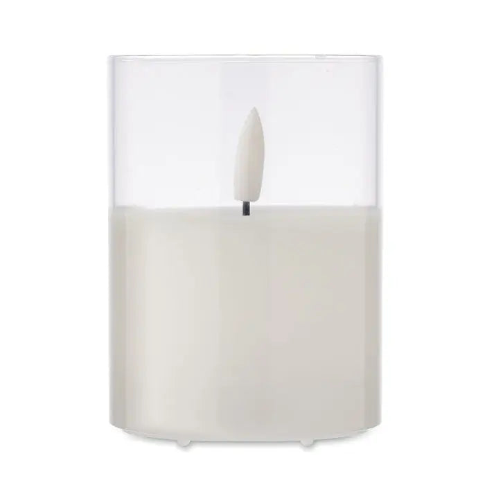 Lumanare led de ceara alba translucida cu design minimalist si suport de sticla transparenta
