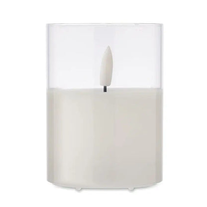 Lumanare led de ceara alba translucida cu design minimalist si suport de sticla transparenta