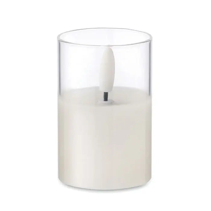 Lumanare led de ceara alba cilindrica intr-un suport transparent din sticla pentru decor interior