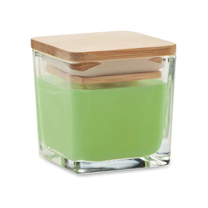 Lumanare parfumata patrata 50gr in borcan de sticla cu ceara verde deschis si capac natural din bambus