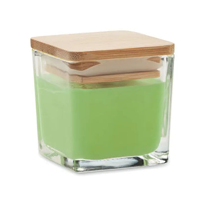 Lumanare parfumata patrata 50gr in borcan de sticla cu ceara verde deschis si capac natural din bambus