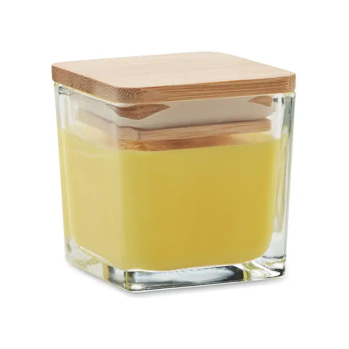 Lumanare parfumata patrata 50gr in borcan de sticla cu capac din bambus si ceara galbena