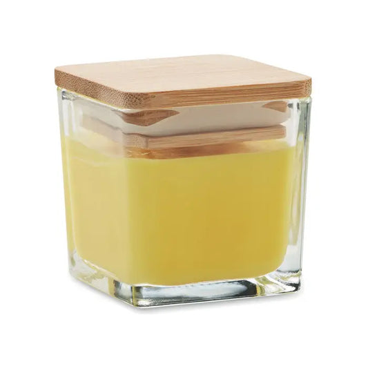 Lumanare parfumata patrata 50gr in borcan de sticla cu capac din bambus si ceara galbena
