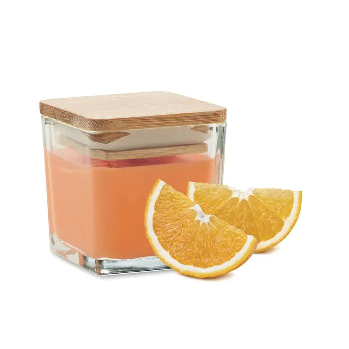 Lumanare parfumata patrata 50gr in vas de sticla cu capac din bambus si ceara cu aroma de portocale