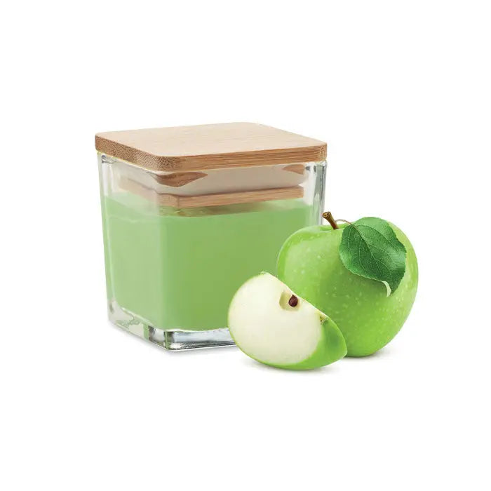 Lumanare parfumata patrata 50gr in borcan de sticla patrat cu capac din bambus si ceara verde vibranta