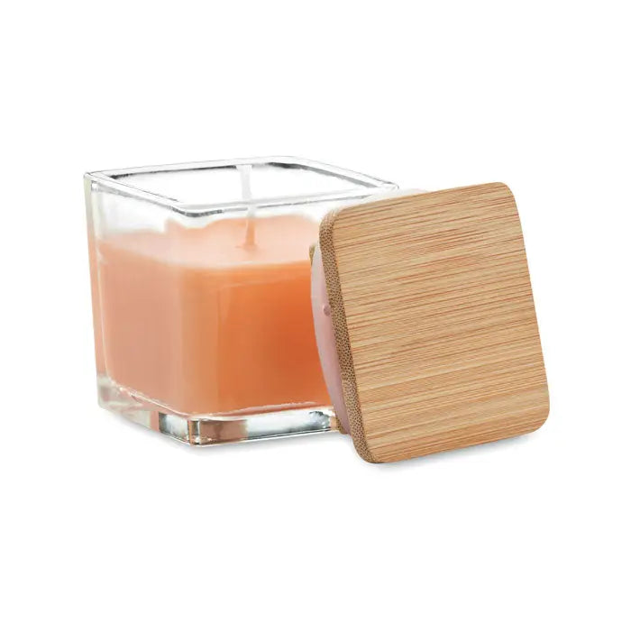 Lumanare parfumata patrata 50gr din sticla culoare piersica cu capac din bambus