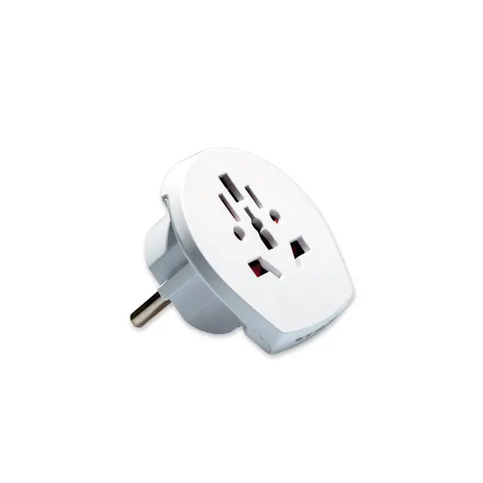 Adaptor universal de călătorie alb din plastic cu configuratii multiple de prize și pin de împământare metalic pentru UE 3 poli
