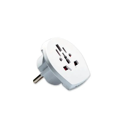 Adaptor universal de călătorie alb din plastic cu configuratii multiple de prize și pin de împământare metalic pentru UE 3 poli
