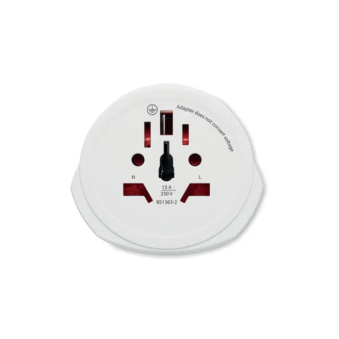 Adaptor de alimentare circular alb pentru călătorii lumina către ue cu sloturi roșii și negre și comutator central