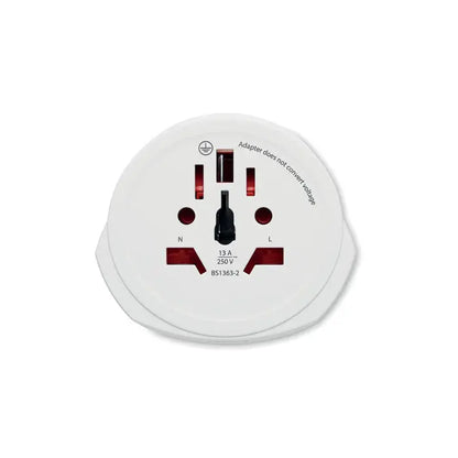 Adaptor de alimentare circular alb pentru călătorii lumina către ue cu sloturi roșii și negre și comutator central