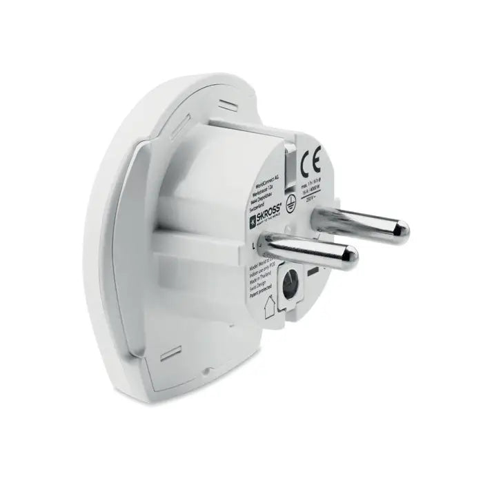 Adaptor de călătorie shross alb din plastic cu prinderi metalice argintii pentru priză UE 3 poli