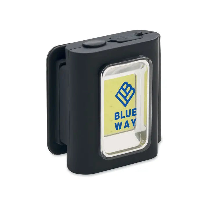 Lumina cob multifunctionala clip-on neagra pentru bicicleta cu fereastra transparenta si logo albastru galben blue way