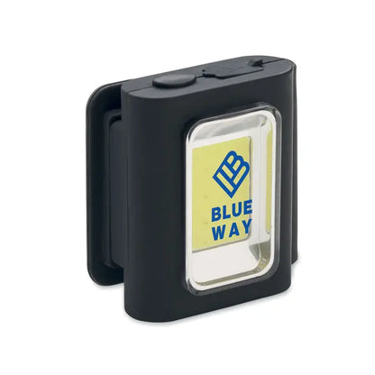 Lumina cob multifunctionala clip-on neagra pentru bicicleta cu fereastra transparenta si logo albastru galben blue way
