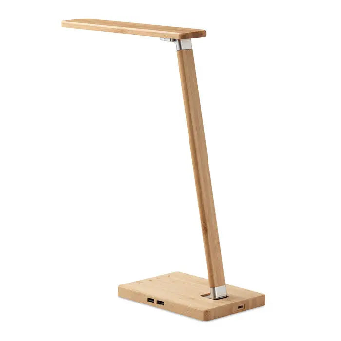 Lumina de birou si incarcator 10w cu design minimalist, finisaj bambus si imbinari metalice elegante