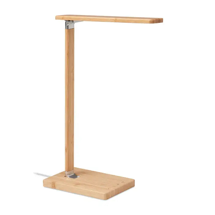 Lampă de birou minimalistă din bambus cu finisaj de lemn deschis și articulații metalice cu încărcător 10w