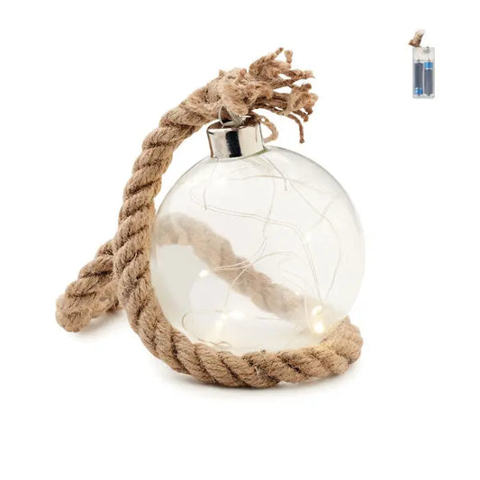 Lumina led din sticla ornament glob transparent cu capac metalic argintiu si sfoara naturala, lumini led interne