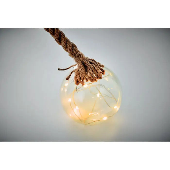 Ornament glob din sticla lumina led cu sfoara rasucita rustica si lumini calde albe pentru decor festiv