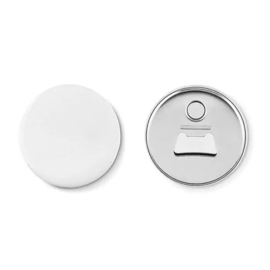 Magnet de frigider si deschizator buton circular argintiu cu design minimalist si finisaj metalic neted