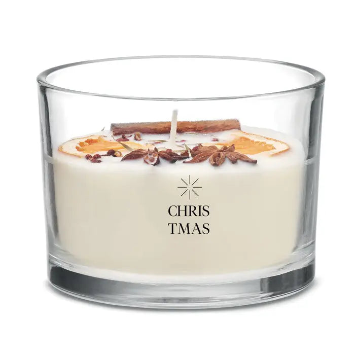 Maner de ceara pe baza de plante 300 gr crema alba in borcan de sticla transparent cu felii uscate de portocala si anason stelat