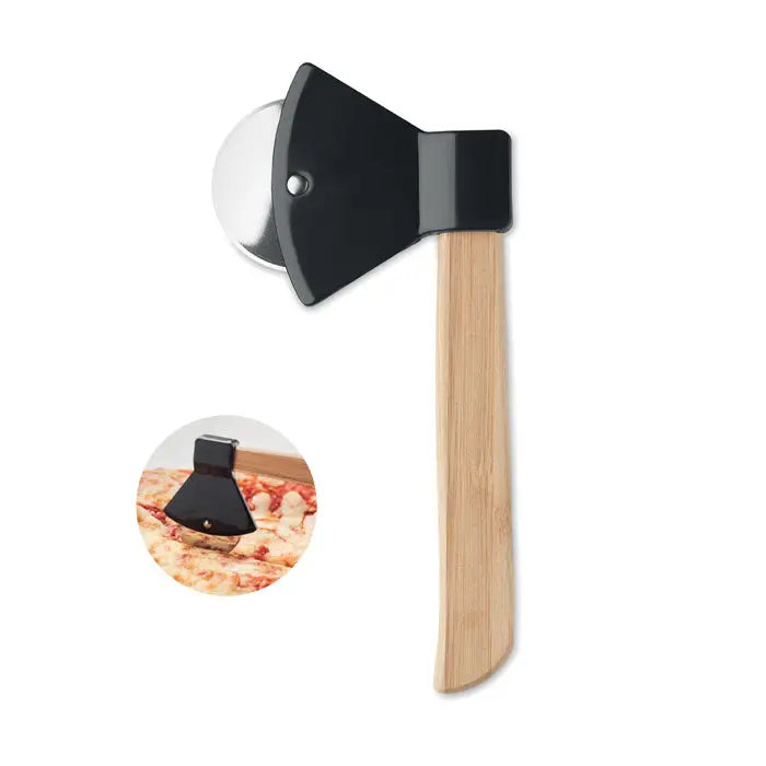Maner din bambus taietor pizza negru cu lama din otel inoxidabil in forma de secure pentru pizza