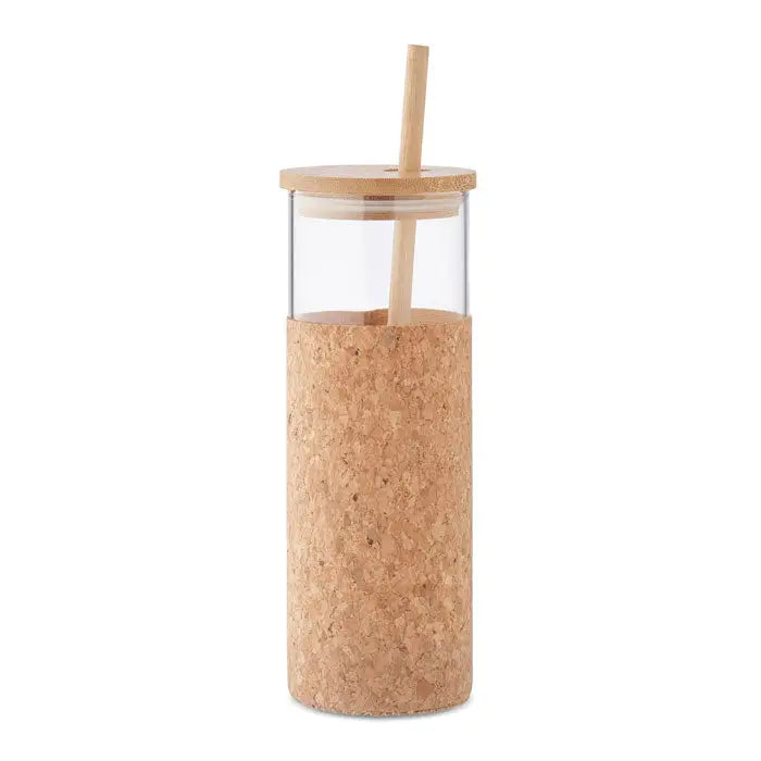 Manson pentru pahar de sticla 450 ml cu tub din lemn integrat si capac din bambus cu maneca din pluta transparenta