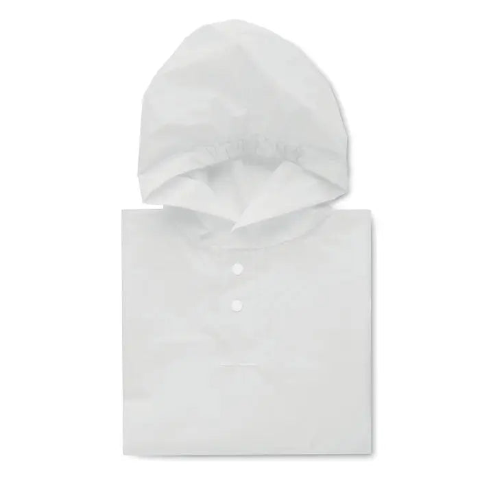 Manta de ploaie peva alba cu gluga pentru copii cu doua nasturi si design minimalist simplu