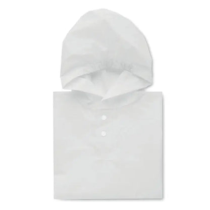 Manta de ploaie peva alba cu gluga pentru copii cu doua nasturi si design minimalist simplu
