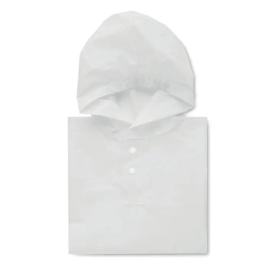 Manta de ploaie peva alba cu gluga pentru copii cu doua nasturi si design minimalist simplu