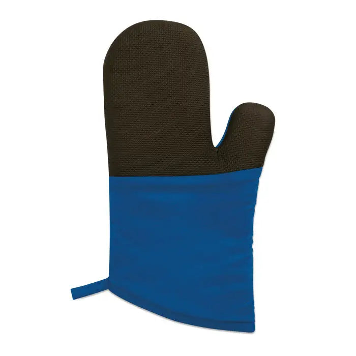 Manusa de cuptor din bumbac albastru si negru cu prindere texturata pe palma pentru protectie termica